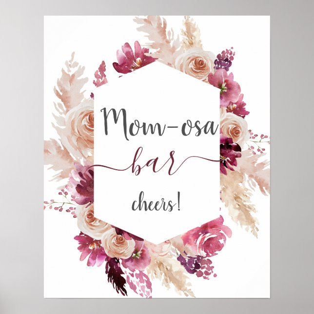 Boho Burgundy Floral Baby Shower Girl Mom osa sign (Front)