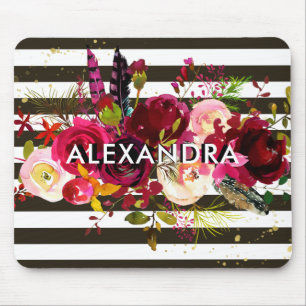 Boho Burgundy Floral   Black and White Stripes Mouse Pad