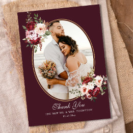 Boho Burgundy Floral Border Photo Wedding Thank You Card