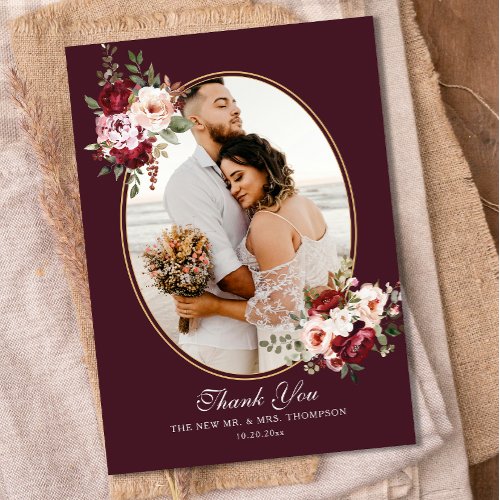 Boho Burgundy Floral Border Photo Wedding  Thank You Card