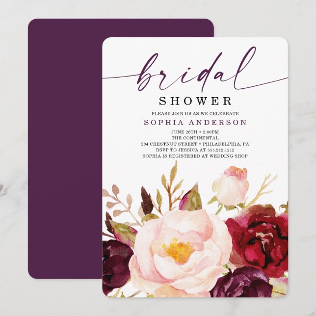 Boho Burgundy Floral Bridal Shower Invitation (Front/Back)