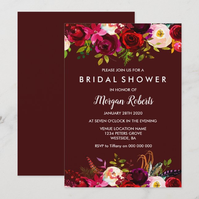 Boho Burgundy Floral Bridal Shower Invitation (Front/Back)