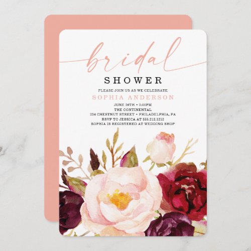 Boho Burgundy Floral Bridal Shower Invitation