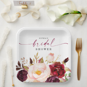 Boho Burgundy Floral Bridal Shower Paper Plates