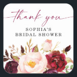 Boho Burgundy Floral Bridal Shower Thank You Square Sticker<br><div class="desc">This elegant bohemian design features a beautiful watercolor bouquet of blush and burgundy flowers and lush greenery. Click the Personalize and "Click to customize further" button to edit the script wording's color. See the entire collection for more matching items!</div>