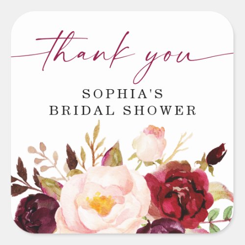 Boho Burgundy Floral Bridal Shower Thank You Square Sticker