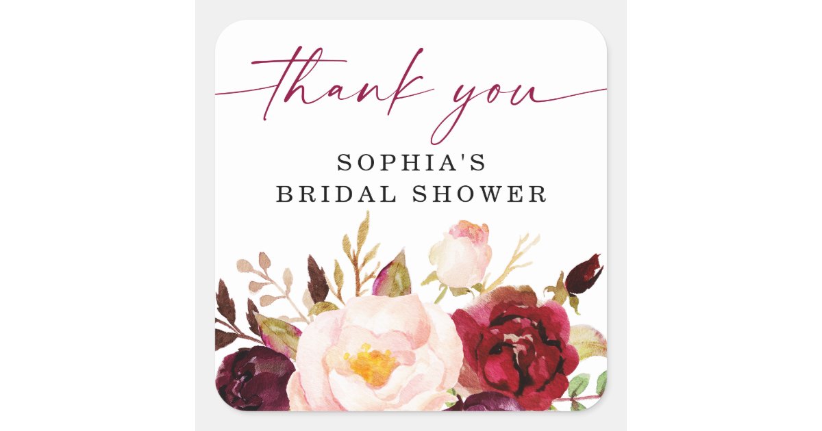 Boho Burgundy Floral Bridal Shower Thank You Square Sticker | Zazzle