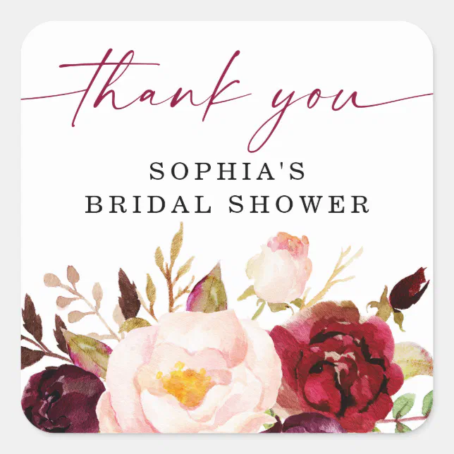 Boho Burgundy Floral Bridal Shower Thank You Square Sticker | Zazzle