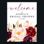 Boho Burgundy Floral Bridal Shower Welcome Sign<br><div class="desc">This elegant bohemian design features a beautiful watercolor bouquet of blush and burgundy flowers and lush greenery. Click the Personalize and "Click to customize further" button to edit the script wording's color. See the entire collection for more matching items!</div>