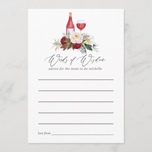 Boho Burgundy Floral Bridal Shower Wine Tasting Advice Card (Front)