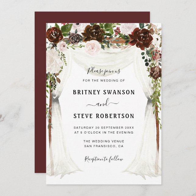 boho burgundy floral canopy wedding invitation (Front/Back)