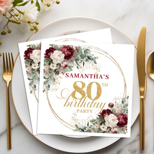 Boho Burgundy Floral Gold 80th Birthday Napkins
