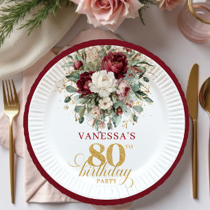 Boho Burgundy Floral Gold 80th Birthday Paper  Plates