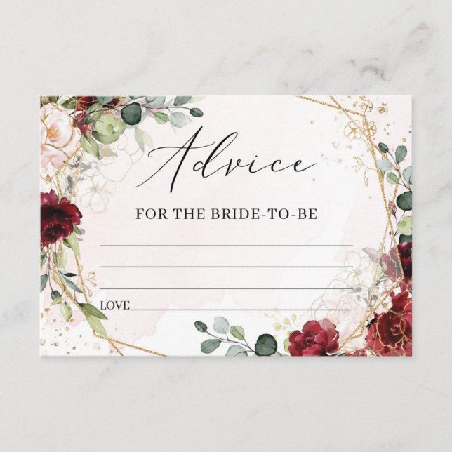 Boho burgundy floral gold avice for the bride enclosure card (Front)