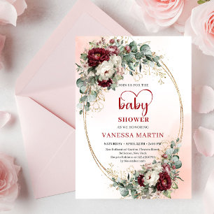 Boho Burgundy Floral Gold Baby Shower Invitation