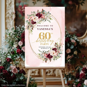 Boho Burgundy Floral Gold Frame 60th Welcome Sign
