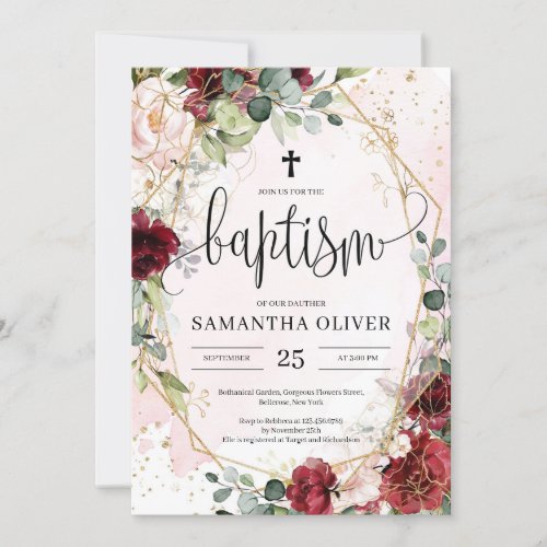 Boho burgundy floral gold geometric baptism invitation