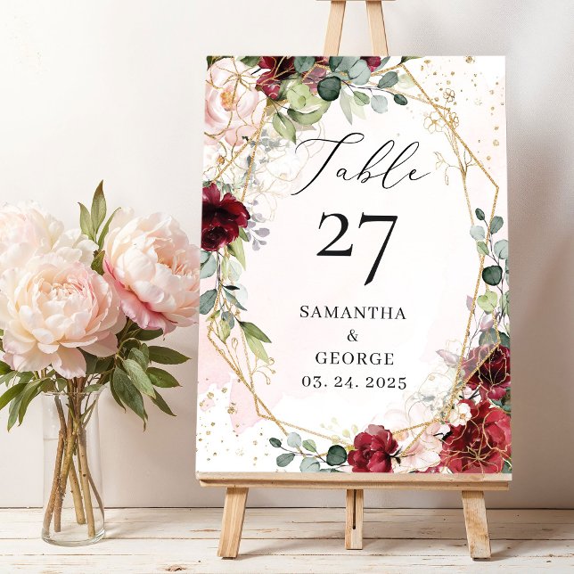 Boho burgundy floral gold geometric eucalyptus  table number (Boho blush burgundy eucalyptus gold geometric wedding table number )