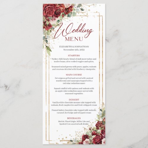Boho burgundy floral gold geometric wedding menu