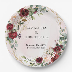 Boho burgundy floral gold geometric wedding paper plates