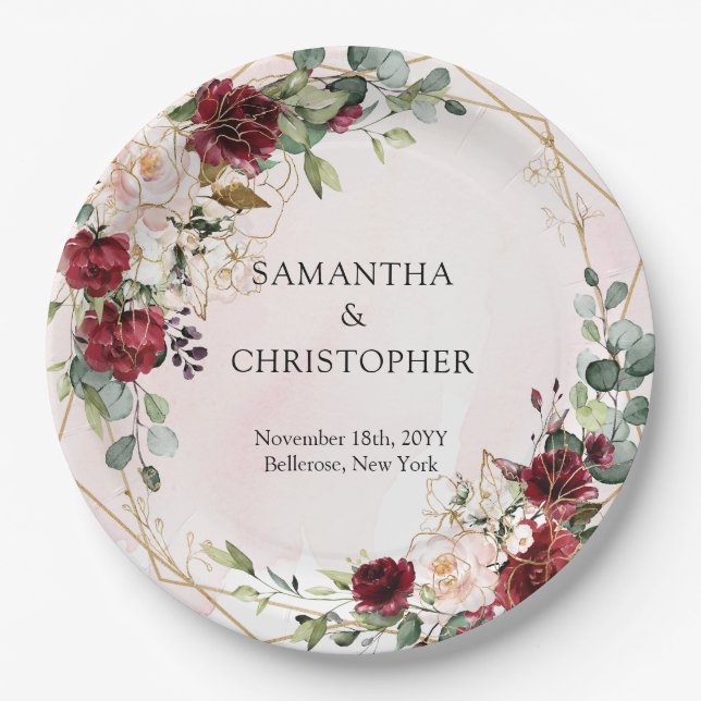 Boho burgundy floral gold geometric wedding paper plates (Front)