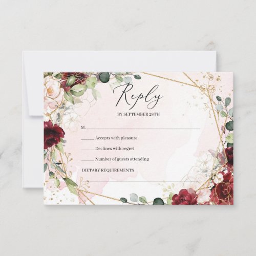 Boho burgundy floral gold geometric wedding  RSVP card