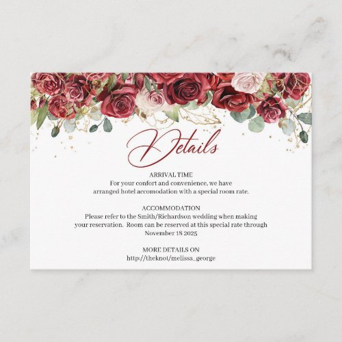 Boho burgundy floral green eucalyptus details card