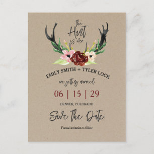 Boho Burgundy Floral Hunt is Over Save The Date Announcement Postcard