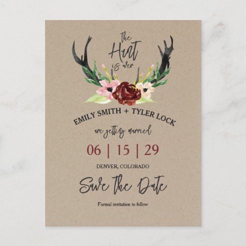 Boho Burgundy Floral Hunt is Over Save The Date Announcement Postcard