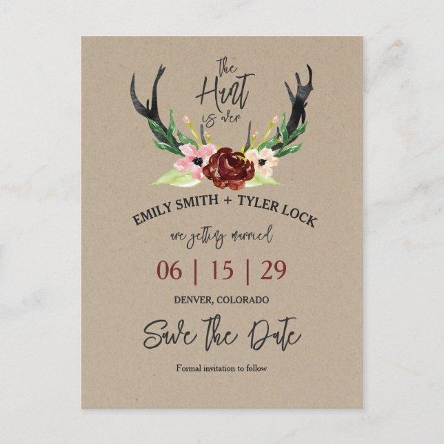 Boho Burgundy Floral Hunt is Over Save The Date Announcement Postcard (Front)