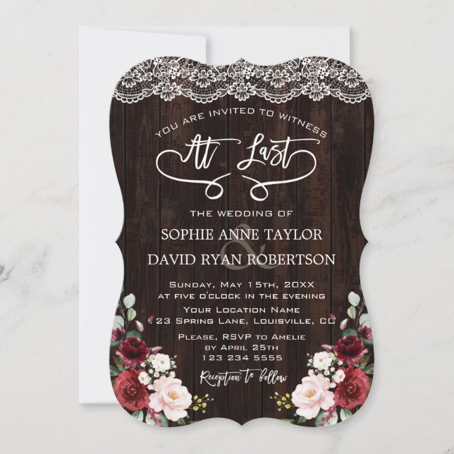 Boho Burgundy Floral Lace Handwriting Wedding Invitation (Front)