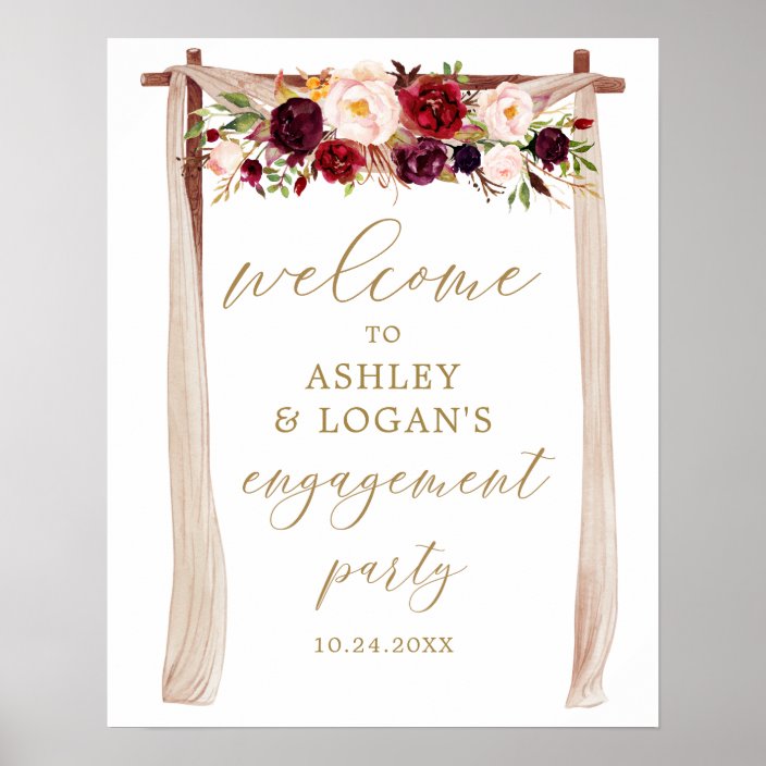 Boho Burgundy Floral Marsala Engagement Party Poster | Zazzle.com