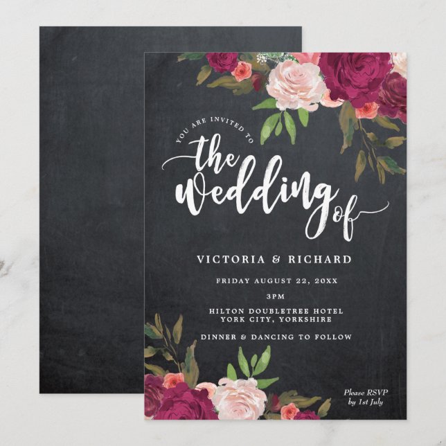 boho burgundy floral modern wedding invitation (Front/Back)