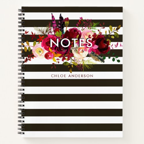 Boho Burgundy Floral Notes with Stripes Notebook