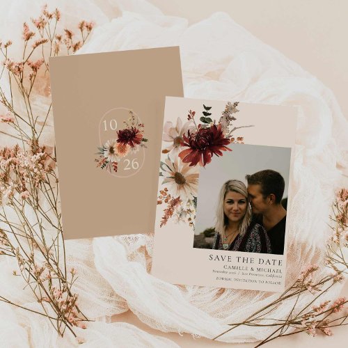 Boho Burgundy Floral Photo Save the Date Invitation