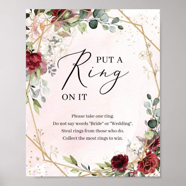 Boho burgundy floral put a ring on it game sign (Front)