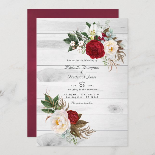Boho Burgundy Floral QR Code RSVP Bohemian Wedding Invitation (Front/Back)