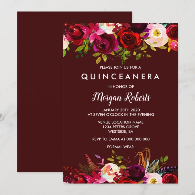 Boho Burgundy Floral Quinceanera 15th Birthday Invitation (Front/Back)