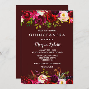 Boho Burgundy Floral Quinceanera 15th Birthday Invitation