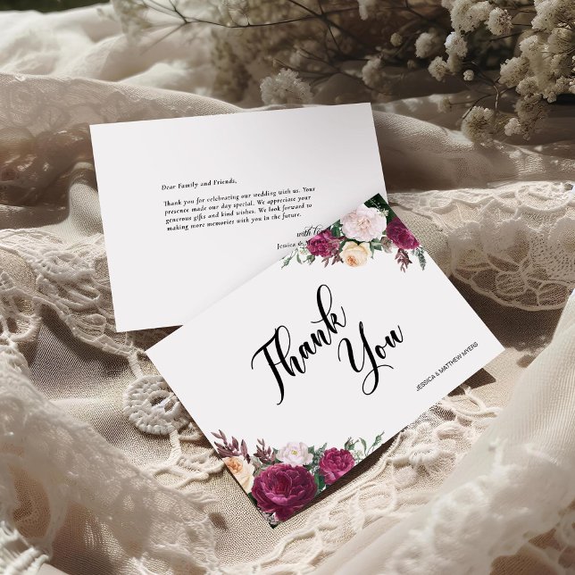Boho Burgundy Floral Script Wedding Letterpress Thank You Card (Creator Uploaded)