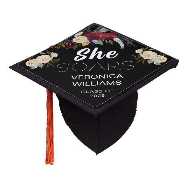 Boho Burgundy Floral She SOARS Class of 2025 Graduation Cap Topper (Angled)