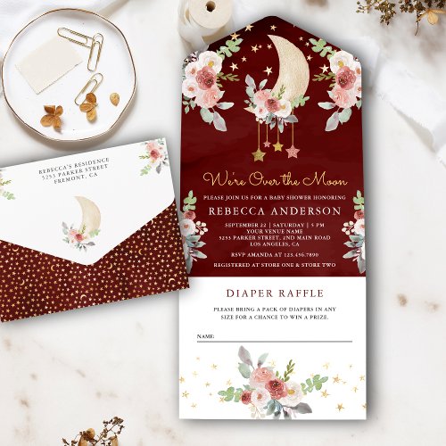 Boho Burgundy Floral Stars Moon Maroon Baby Shower All In One Invitation