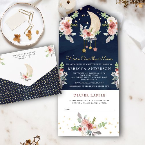 Boho Burgundy Floral Stars Moon Navy Baby Shower All In One Invitation