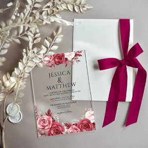 Boho Burgundy Floral Wedding Acrylic Invitations