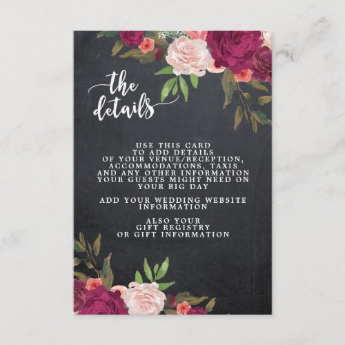 boho burgundy floral wedding information card