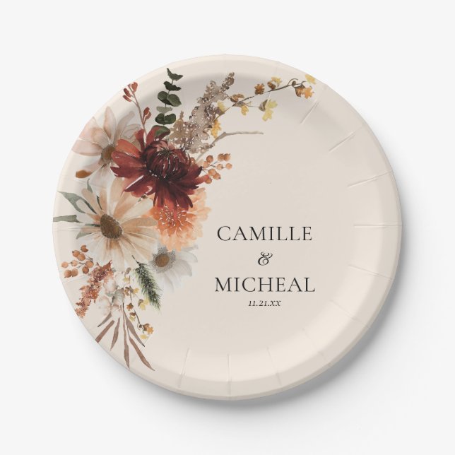 Boho Burgundy Floral Wedding Paper Plates (Front)