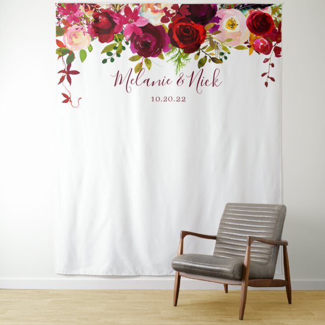 Boho Burgundy Floral wedding photo backdrop (In Situ)