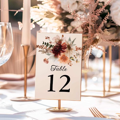 Boho Burgundy Floral Wedding Table Number