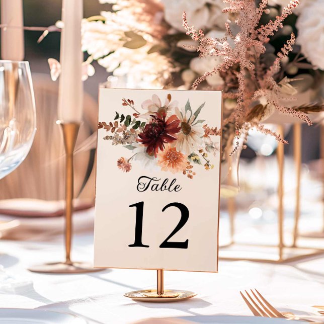 Boho Burgundy Floral Wedding Table Number (Boho Fall Wedding Table Numbers)