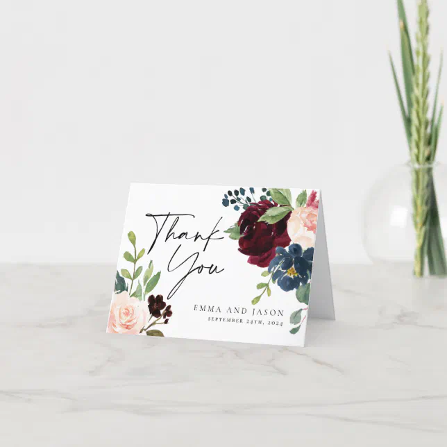 Boho Burgundy Floral Wedding Thank You Card 